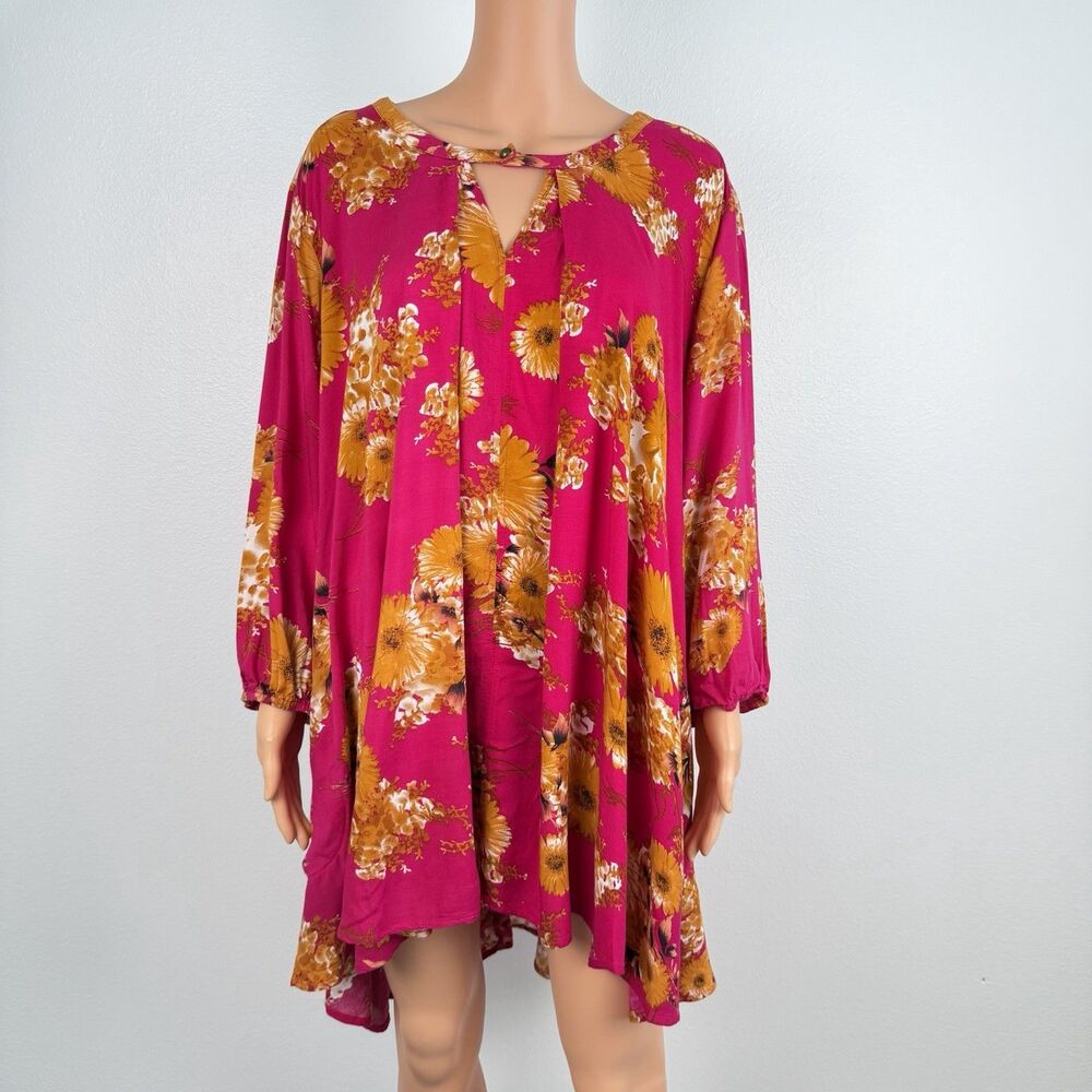 Jodifl Fuchsia Floral Mini Dress/Tunic L Mustard Daisy Keyhole High-Low Boho